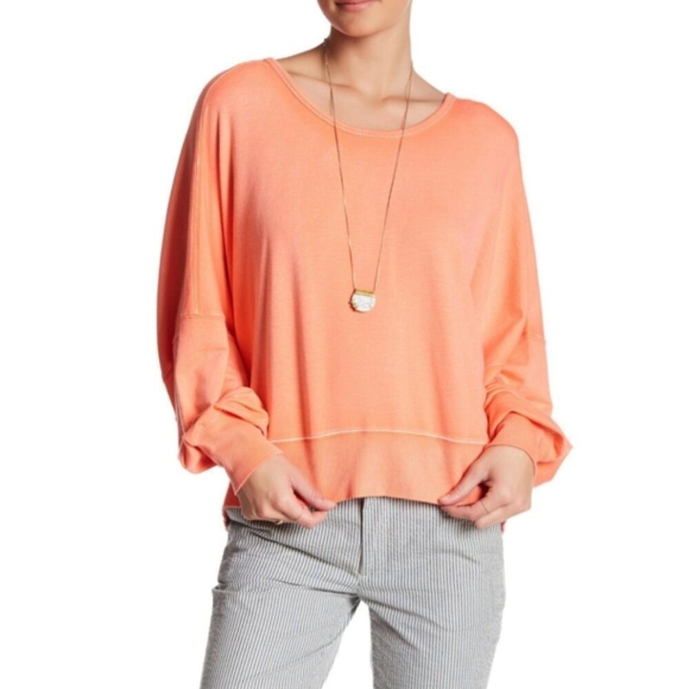 FREE PEOPLE Back It Up Coral Orange Open Back Oversized Pullover Sweater Medium